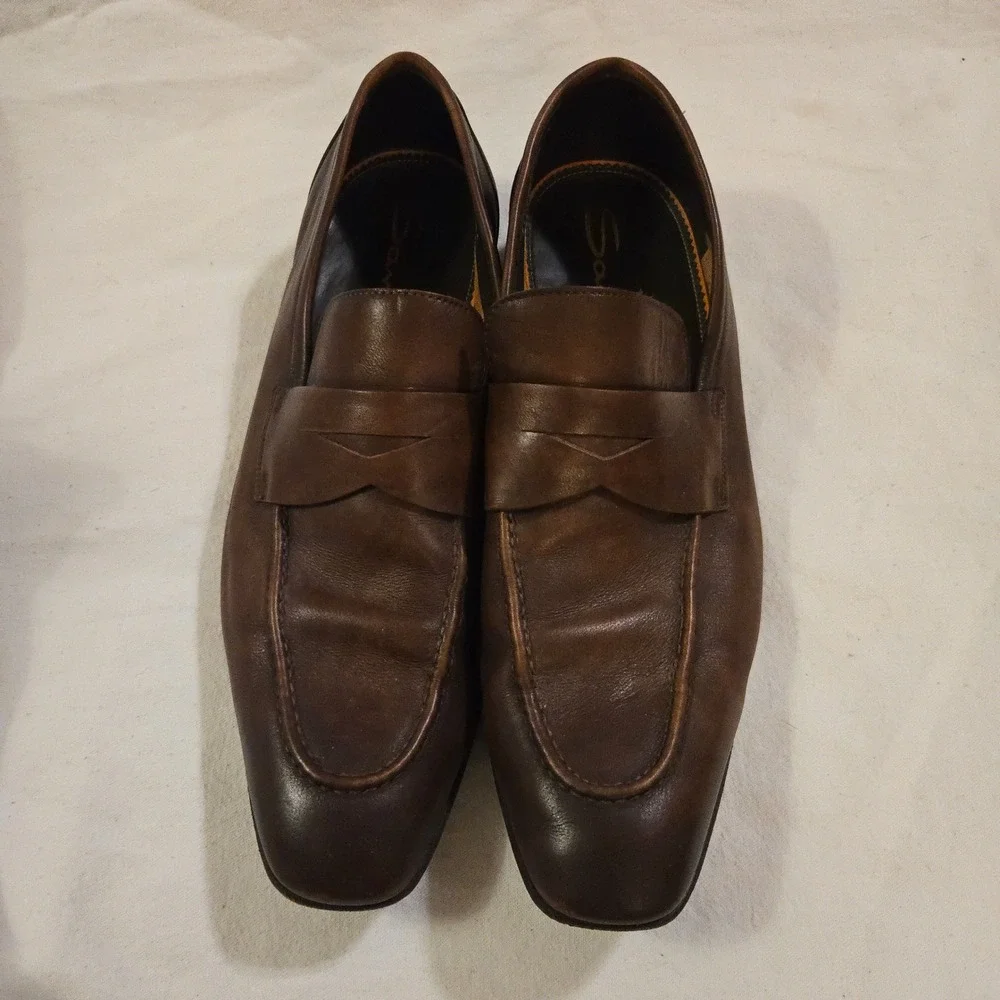 Santoni Loafers Size 11 Mens Brown Leather Penny Loafers Luxury Designer Italy
